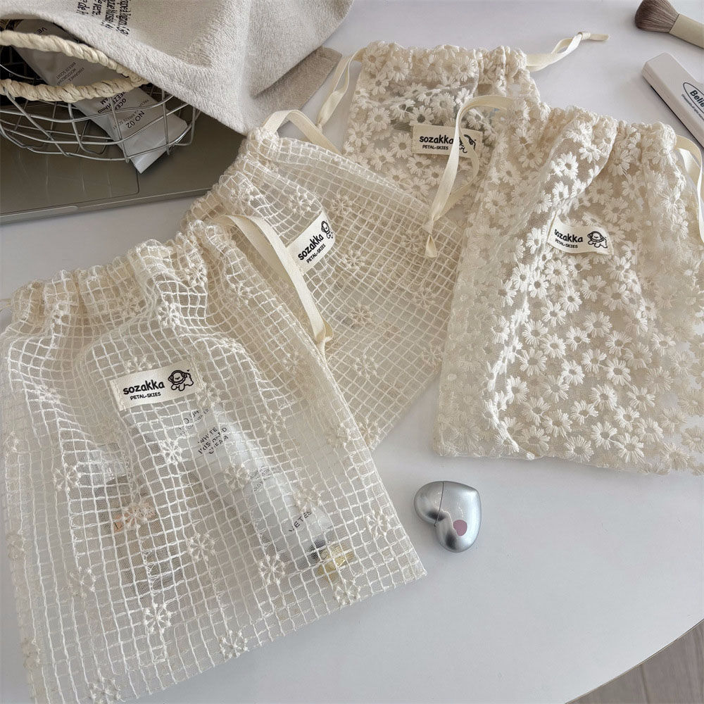 Travel Accessories Organizer - Lace Embroidered Daisy Mesh Drawstring Makeup
